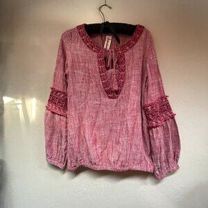 Keer Qiaowa Women Medium Embroidered Long Bell Sleeve Blouse Boho Top Red Casual